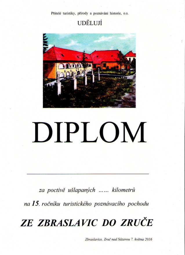 Diplom 15. ročníku s obrázkem zámku ve Zbraslavicích.